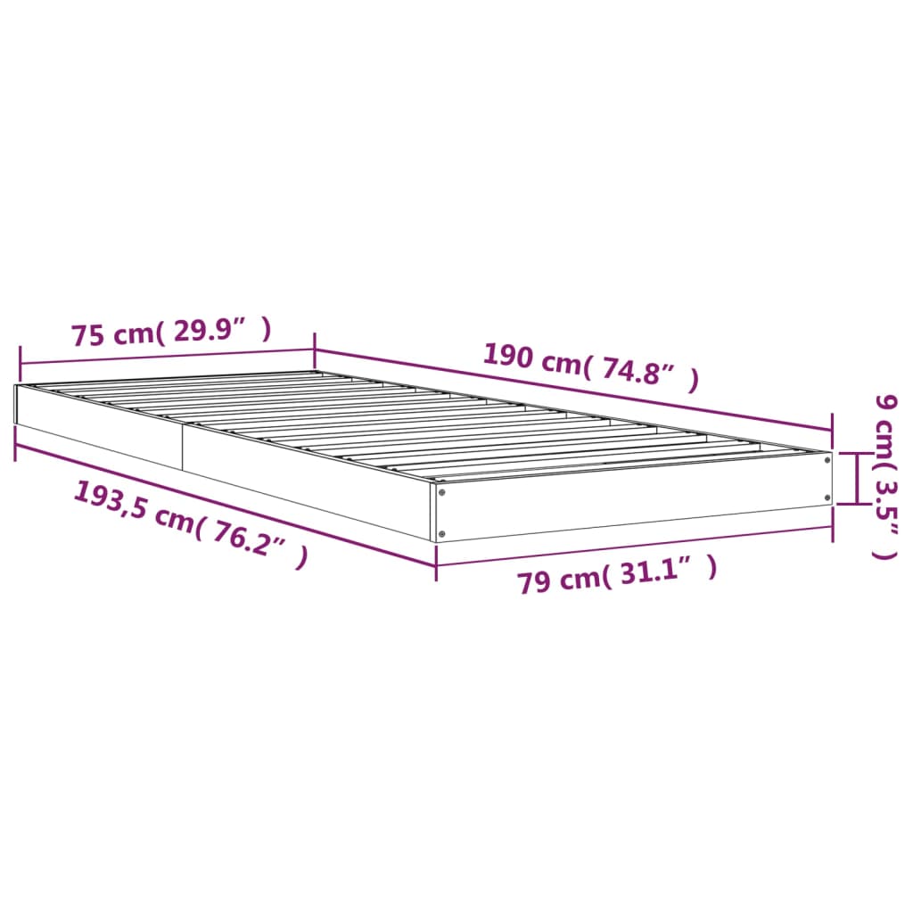 vidaXL Πλαίσιο Κρεβατιού Μαύρο 75x190εκ Μασίφ Ξύλο Πεύκου Small Single