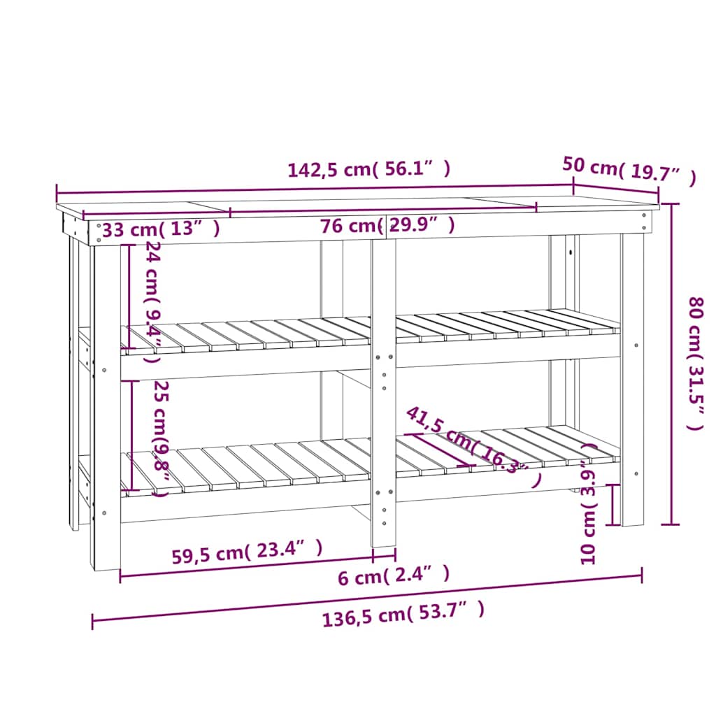 vidaXL Πάγκος Εργασίας Λευκός 142,5x50x80 εκ. από Μασίφ Ξύλο Πεύκου