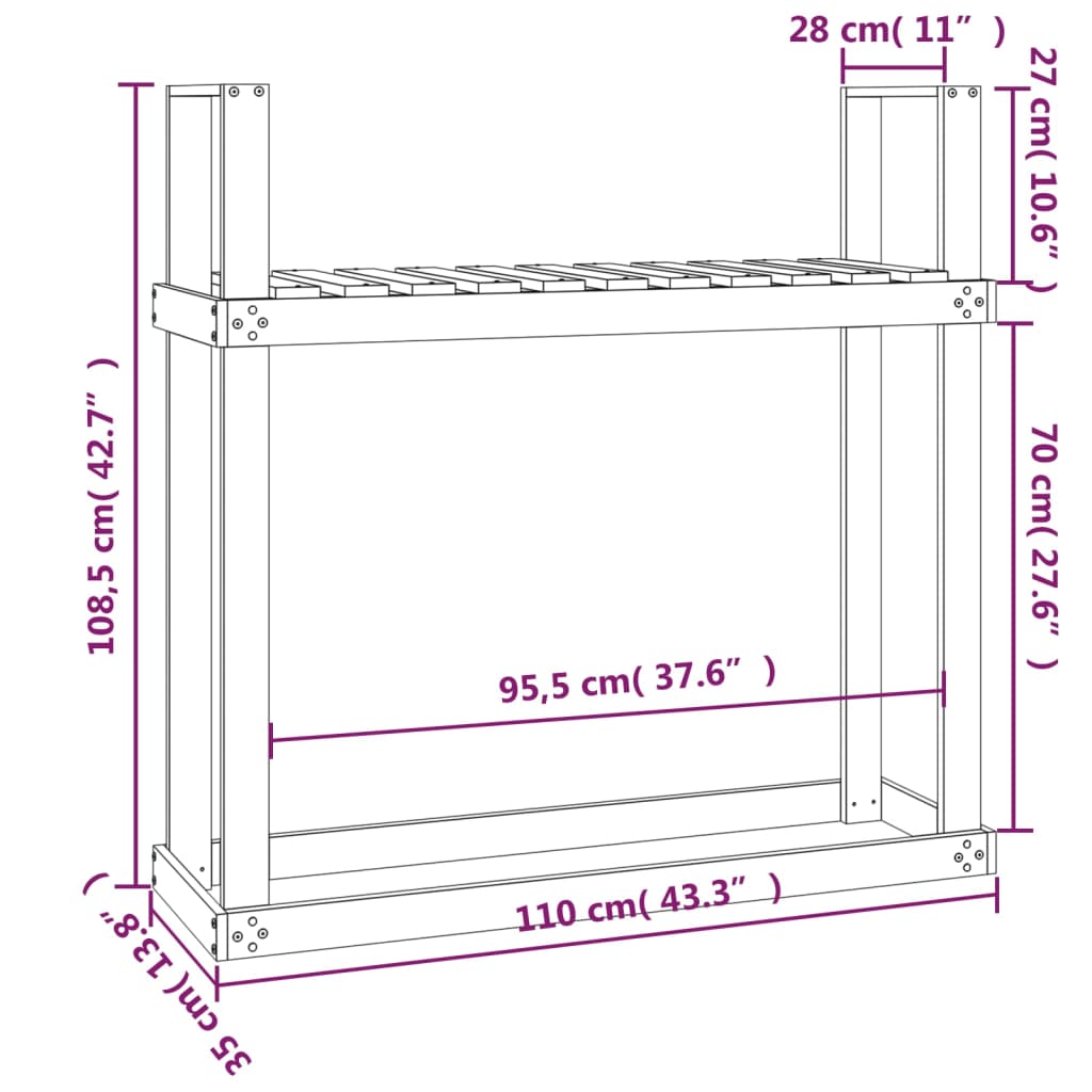 vidaXL Ραφιέρα Καυσόξυλων Μαύρο 110x35x108,5 εκ. από Μασίφ Ξύλο Πεύκου