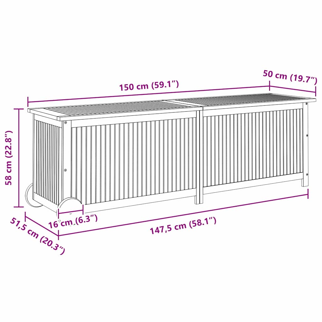 vidaXL Μπαούλο Αποθήκευσης Κήπου με Ρόδες 150x50x58 εκ. Μασίφ Ακακία
