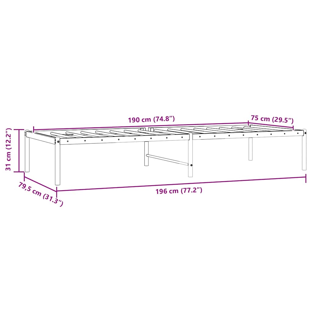 vidaXL Πλαίσιο Κρεβατιού Μαύρο 75 x 190 εκ. Μεταλλικό
