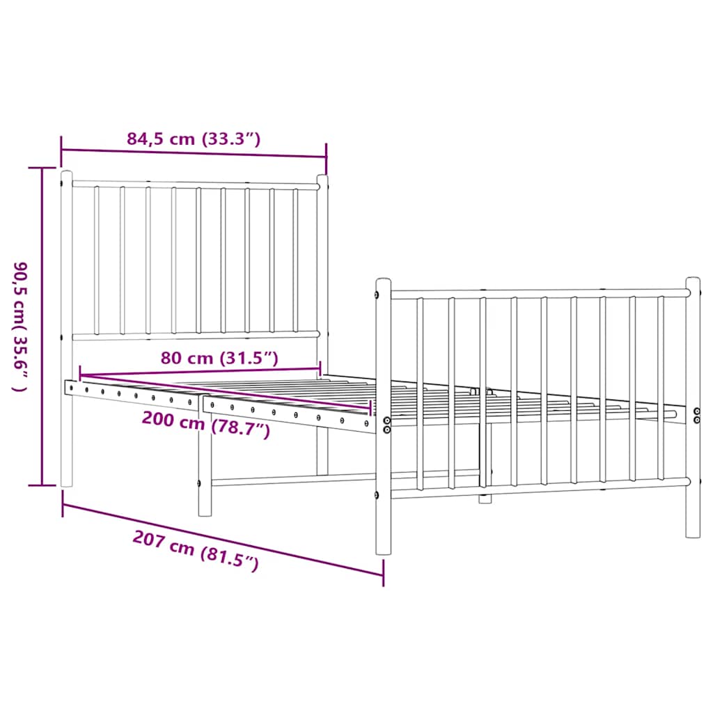 vidaXL Πλαίσιο Κρεβατιού με Κεφαλάρι/Ποδαρικό Λευκό 80x200 εκ. Μέταλλο