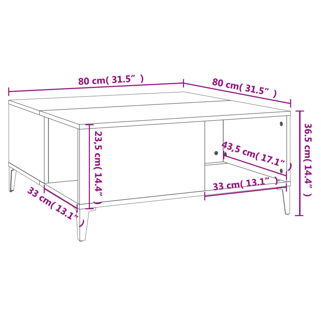 vidaXL Τραπεζάκι Σαλονιού Λευκό 80 x 80 x 36,5 εκ. Επεξεργασμένο Ξύλο
