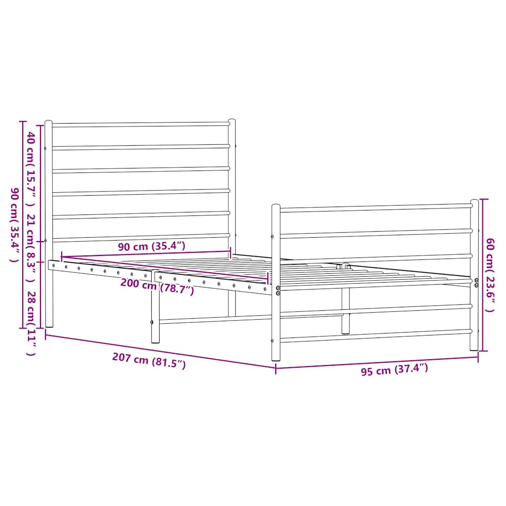 vidaXL Πλαίσιο Κρεβατιού με Κεφαλάρι&Ποδαρικό Μαύρο 90x200 εκ. Μέταλλο