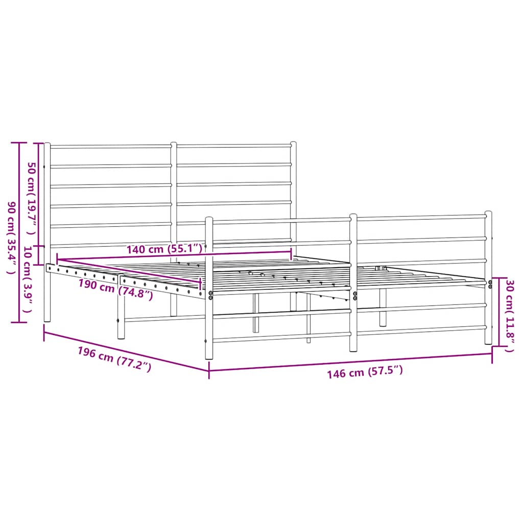 vidaXL Πλαίσιο Κρεβατιού με Κεφαλάρι&Ποδαρικό Μαύρο 140x190εκ. Μέταλλο