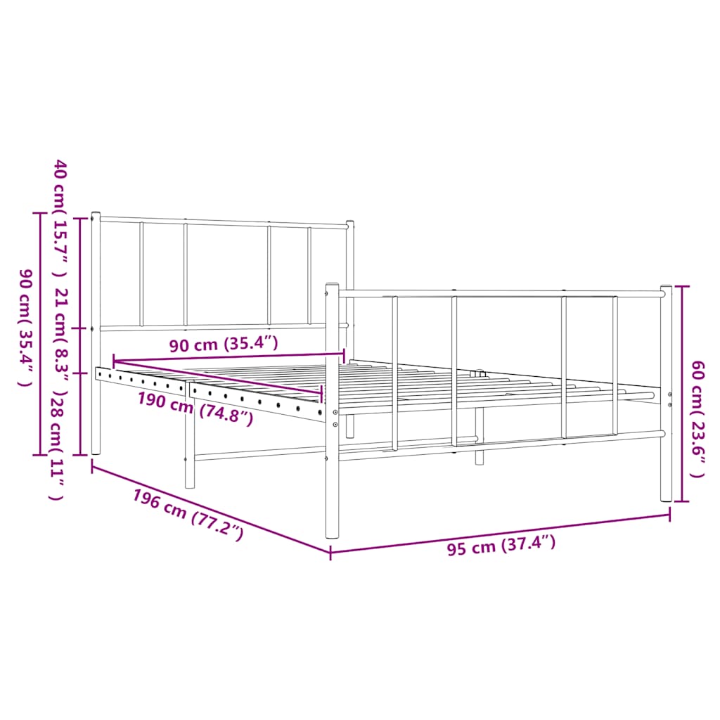 vidaXL Πλαίσιο Κρεβατιού με Κεφαλάρι&Ποδαρικό Μαύρο 90x190 εκ. Μέταλλο