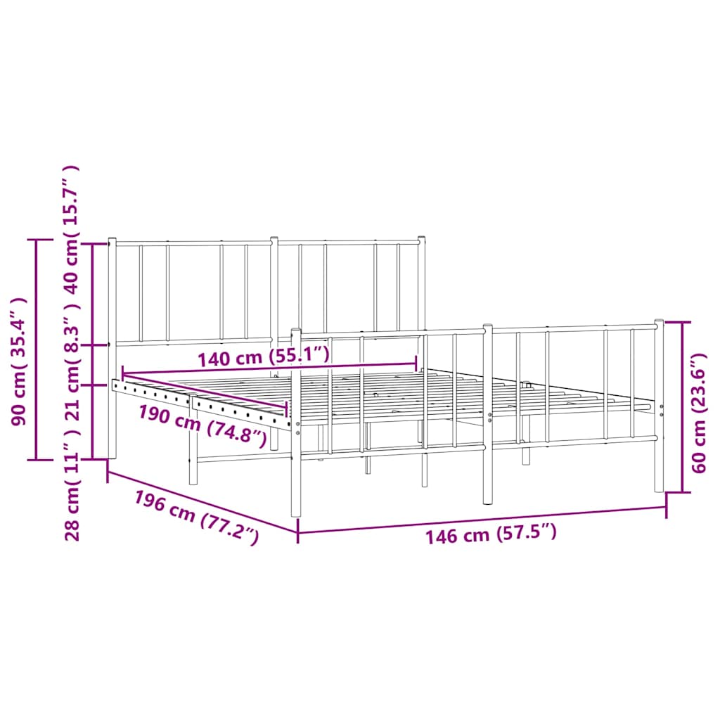 vidaXL Πλαίσιο Κρεβατιού με Κεφαλάρι&Ποδαρικό Μαύρο 140x190εκ. Μέταλλο