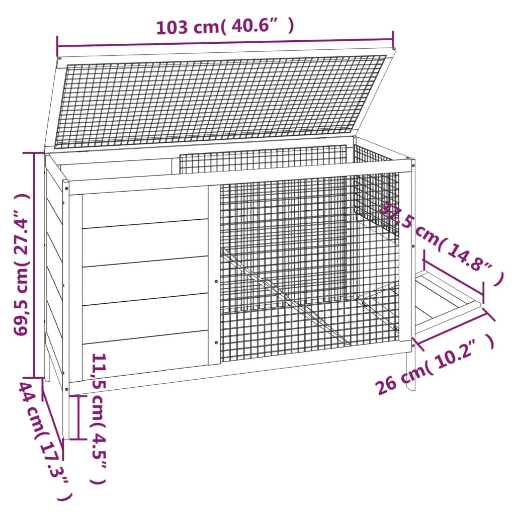 vidaXL Κλουβί Κουνελιών Καφέ 103 x 44 x 69,5 εκ. Μασίφ Ξύλο Πεύκου