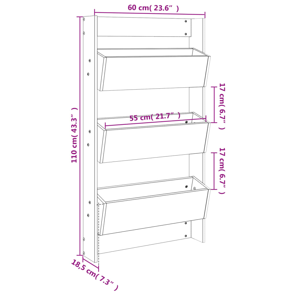 vidaXL Ζαρντινιέρα Τοίχου 3 Επιπέδων Μαύρη 60x18,5x110 εκ. Μασίφ Πεύκο
