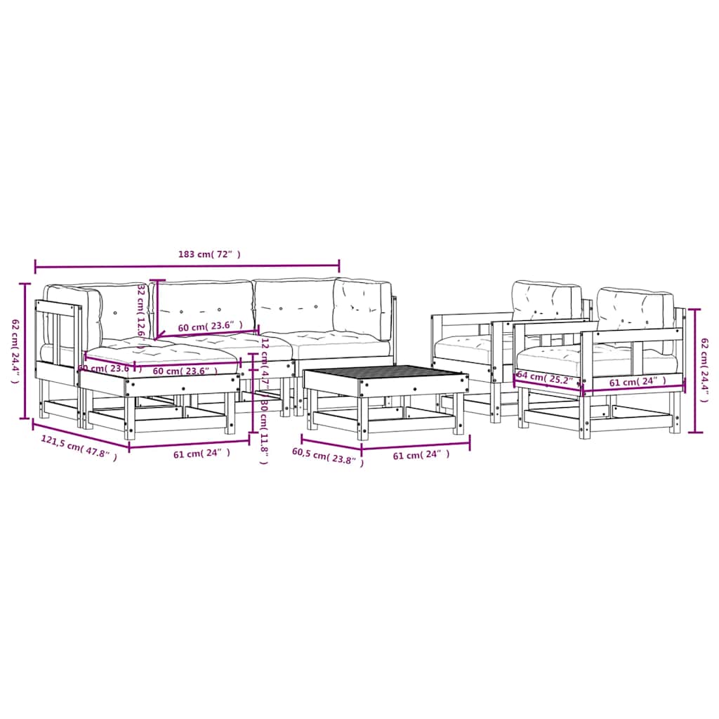 vidaXL Σαλόνι Κήπου Σετ 7 Τεμαχίων Λευκό από Μασίφ Ξύλο με Μαξιλάρια