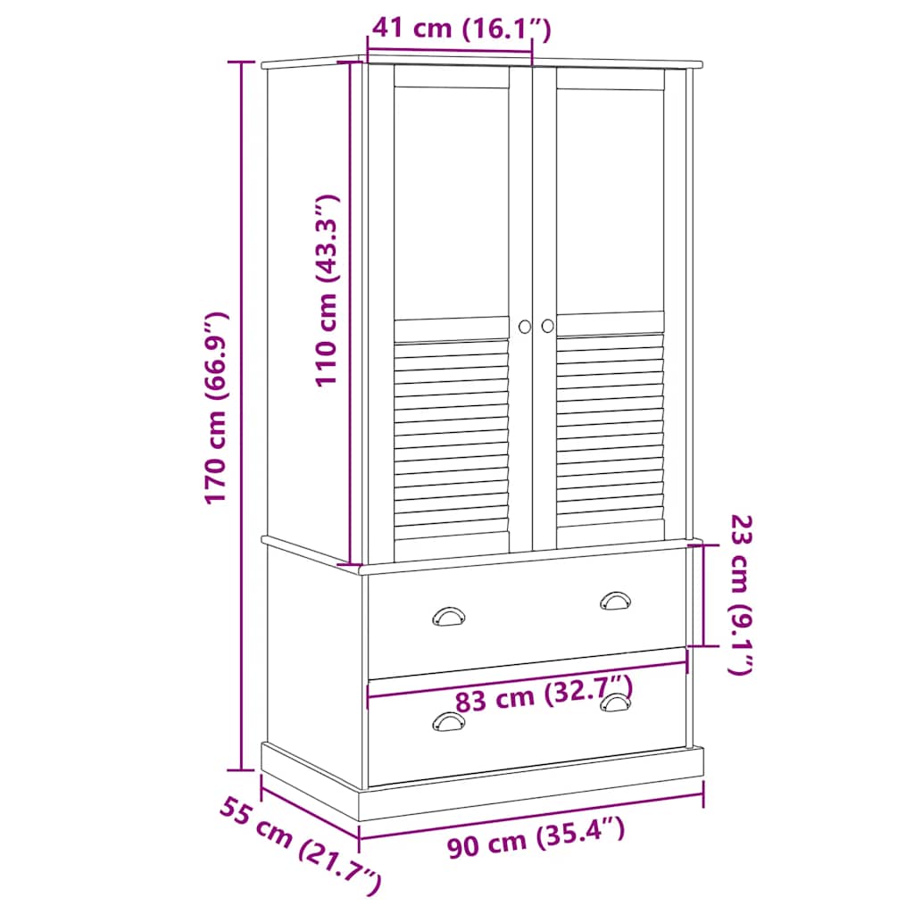 vidaXL Ντουλάπα VIGO Λευκή 90 x 55 x 170 εκ. από Μασίφ Ξύλο Πεύκου