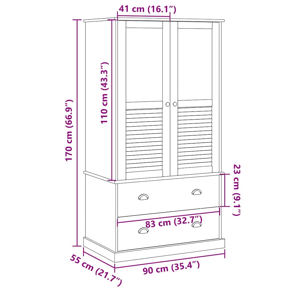 vidaXL Ντουλάπα VIGO Γκρι 90 x 55 x 170 εκ. από Μασίφ Ξύλο Πεύκου