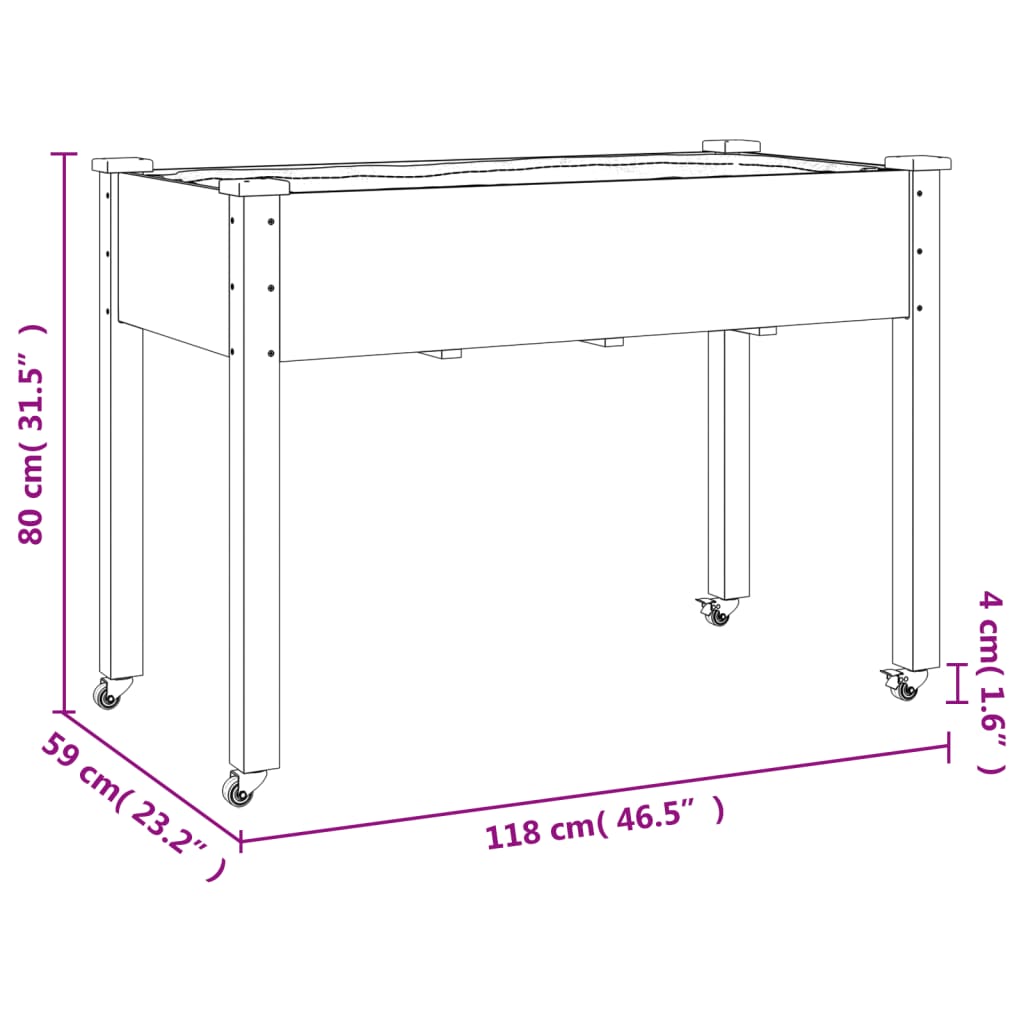 vidaXL Γλάστρα με Ρόδες & Επένδυση Καφέ 118x59x80εκ. Μασίφ Ξύλο Ελάτης