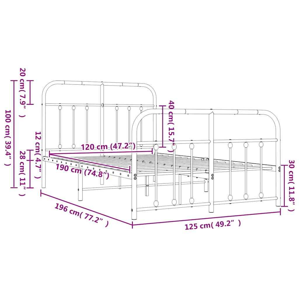 vidaXL Πλαίσιο Κρεβατιού με Κεφαλάρι&Ποδαρικό Λευκό 120x190εκ. Μέταλλο