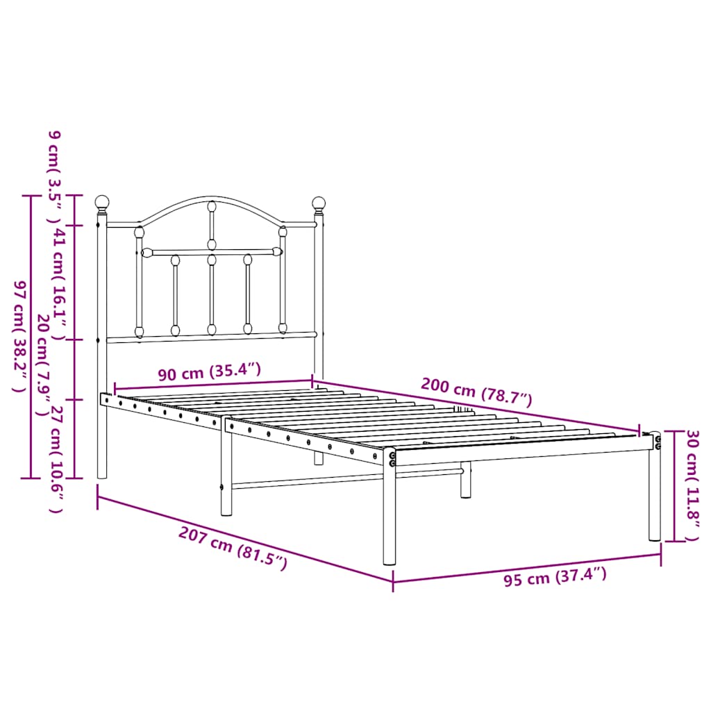 vidaXL Πλαίσιο Κρεβατιού με Κεφαλάρι Μαύρο 90 x 200 εκ. Μεταλλικό