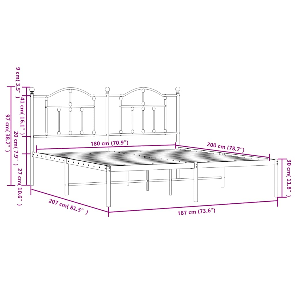vidaXL Πλαίσιο Κρεβατιού με Κεφαλάρι Μαύρο 180 x 200 εκ. Μεταλλικό