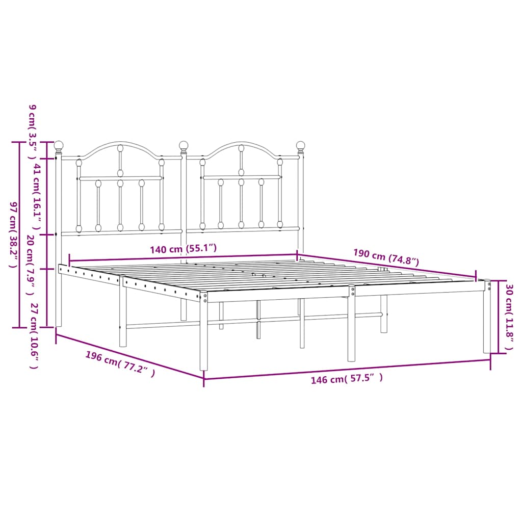 vidaXL Πλαίσιο Κρεβατιού με Κεφαλάρι Λευκό 140x190 εκ. Μεταλλικό