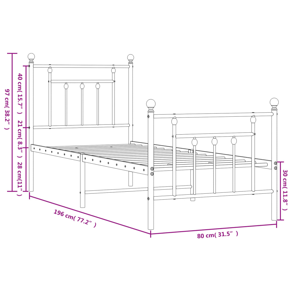 vidaXL Πλαίσιο Κρεβατιού με Κεφαλάρι&Ποδαρικό Μαύρο 75x190 εκ. Μέταλλο