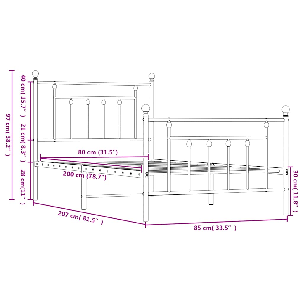 vidaXL Πλαίσιο Κρεβατιού με Κεφαλάρι/Ποδαρικό Μαύρο 80x200 εκ. Μέταλλο