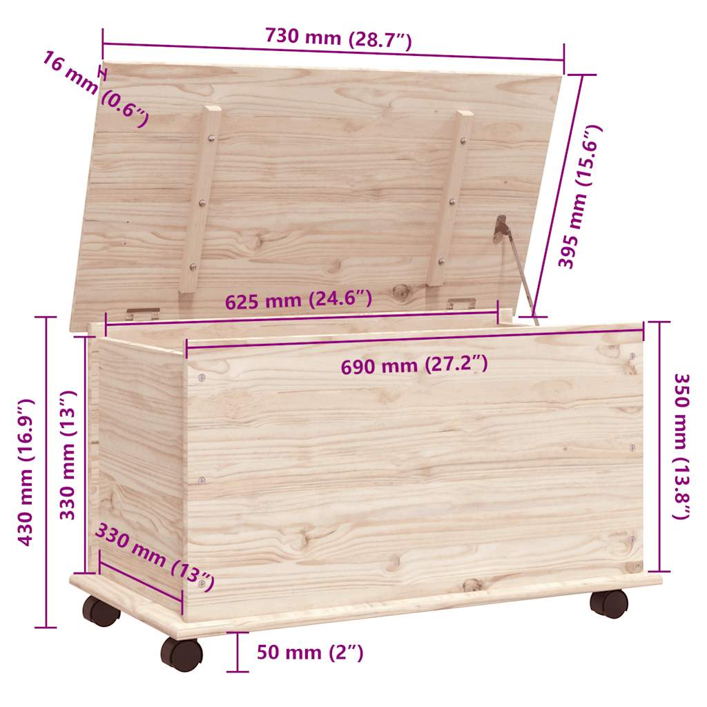 vidaXL Μπαούλο με Ρόδες ALTA 73x39,5x43 εκ. από Μασίφ Ξύλο Πεύκου
