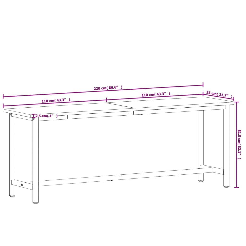 vidaXL Πάγκος Εργασίας 220x55x81,5εκ. από Μασίφ Ξύλο Οξιάς και Μέταλλο
