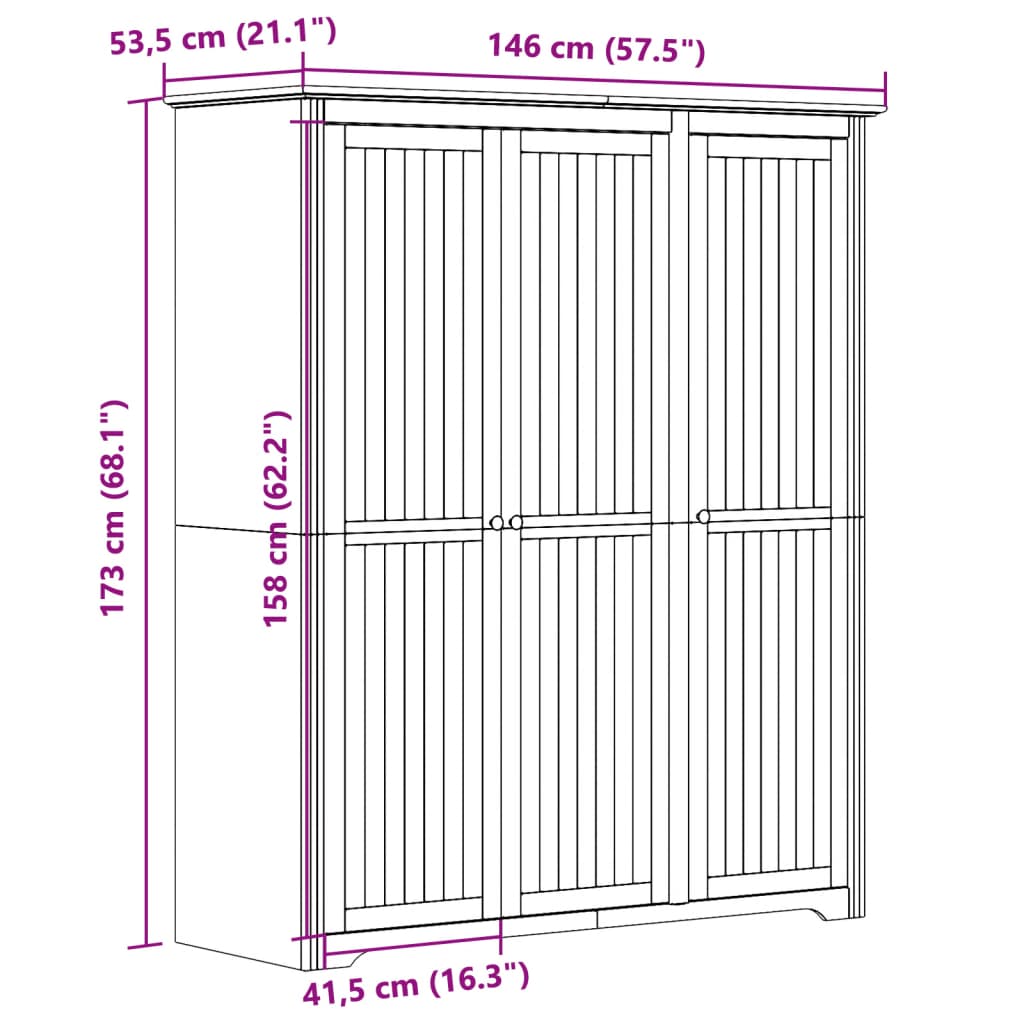vidaXL Ντουλάπα BODO Γκρι 146x53,5x173 εκ. από Μασίφ Ξύλο Πεύκου