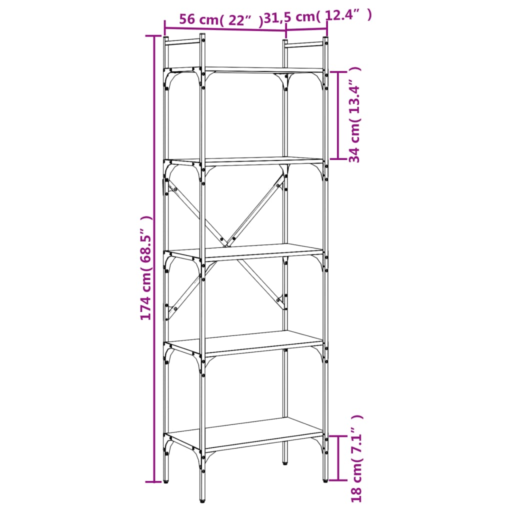 vidaXL Βιβλιοθήκη 5 Επιπέδων Sonoma Δρυς 56x31,5x174 εκ. Επεξ. Ξύλο