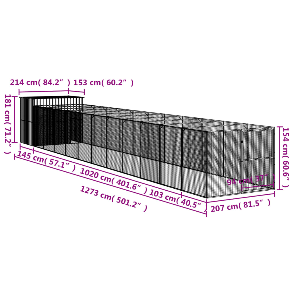 vidaXL Σπιτάκι Σκύλου με Αυλή Αν. Γκρι 214x1273x181εκ. Γαλβαν. Χάλυβας