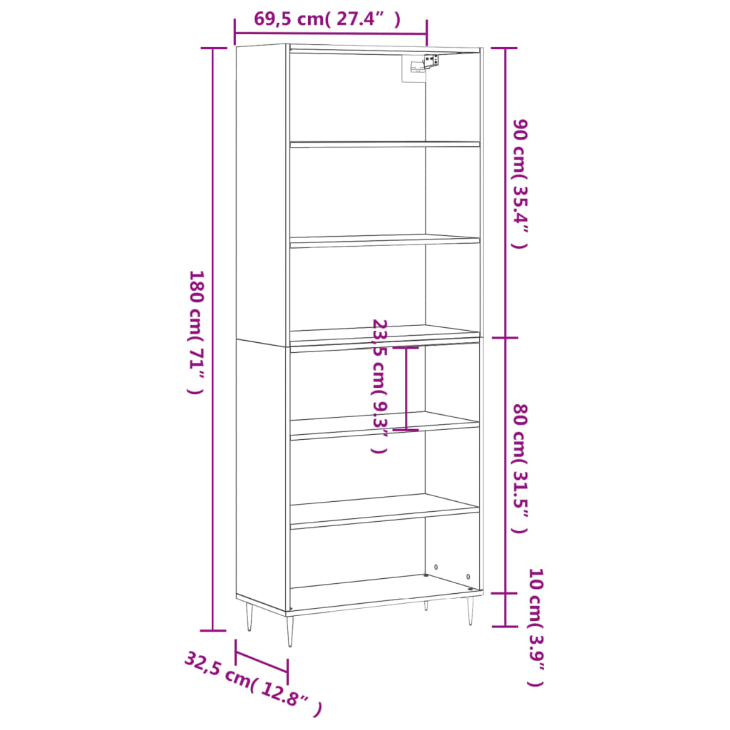 vidaXL Ντουλάπι Γκρι Σκυροδέματος 69,5x32,5x180 εκ. Επεξεργασμένο Ξύλο