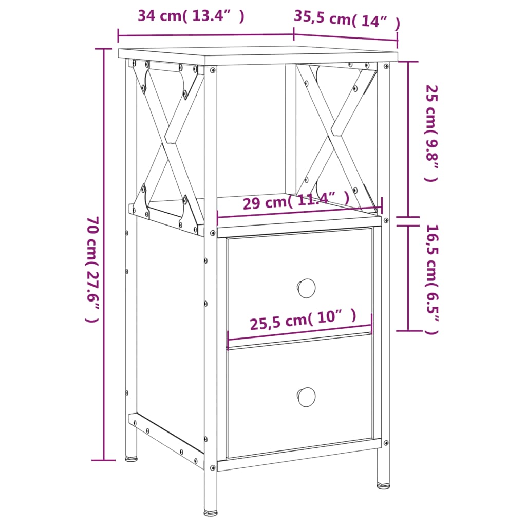 vidaXL Κομοδίνο Μαύρο 34 x 35,5 x 70 εκ. από Επεξεργασμένο Ξύλο