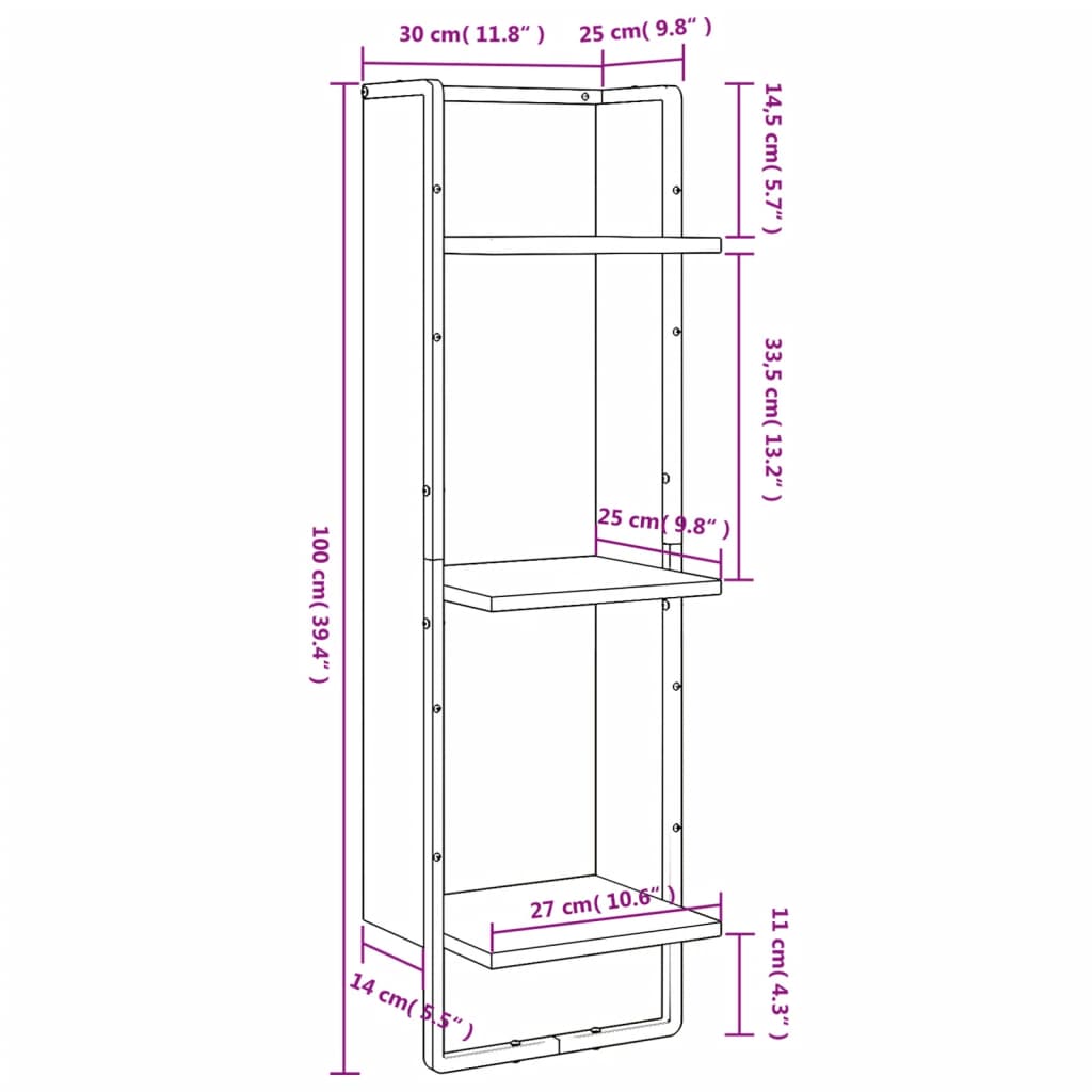 vidaXL Ραφιέρα Τοίχου με 3 Ράφια Γκρι Sonoma 30x25x100 Επεξεργ. Ξύλο