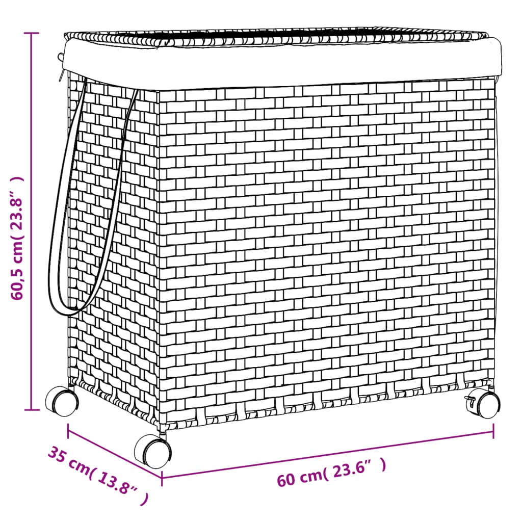 vidaXL Καλάθι Άπλυτων με Τροχούς Μαύρο 60 x 35 x 60,5 εκ. από Ρατάν
