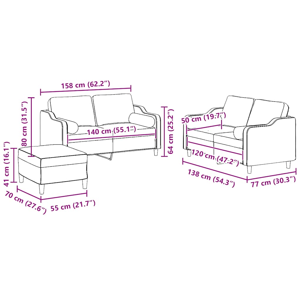vidaXL Σετ Σαλονιού 3 Τεμαχίων Αν. Γκρι Ύφασμα με Μαξιλάρια