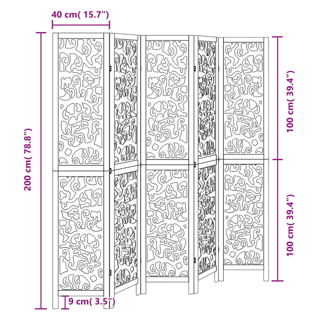 vidaXL Διαχωριστικό Χώρου με 5 Πάνελ Μαύρο από Μασίφ Ξύλο Παυλώνιας