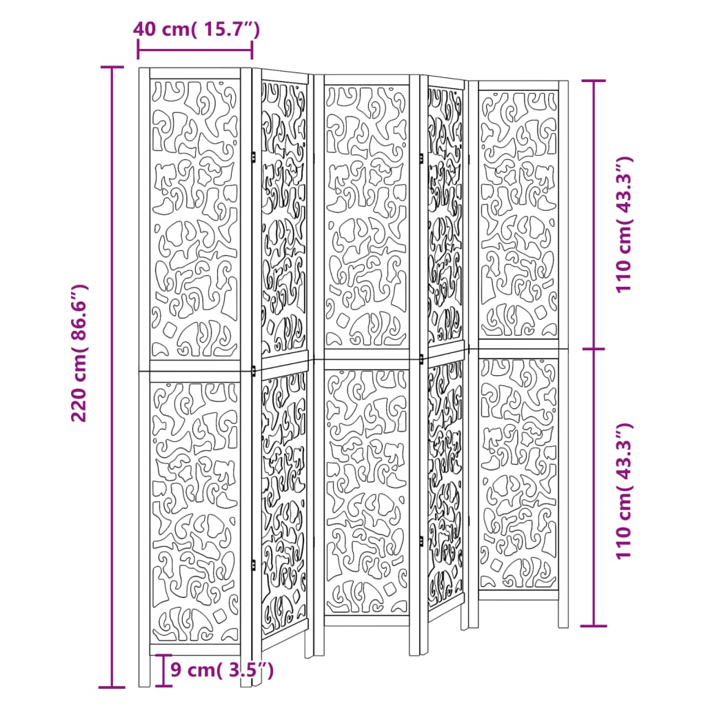 vidaXL Διαχωριστικό Χώρου με 5 Πάνελ Μαύρο από Μασίφ Ξύλο Παυλώνιας
