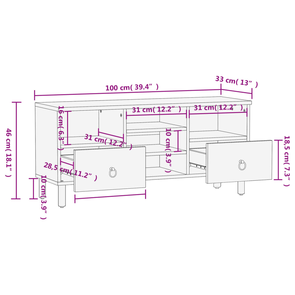 vidaXL Έπιπλο Τηλεόρασης 100 x 33 x 46 εκ. από Μασίφ Ξύλο Μάνγκο