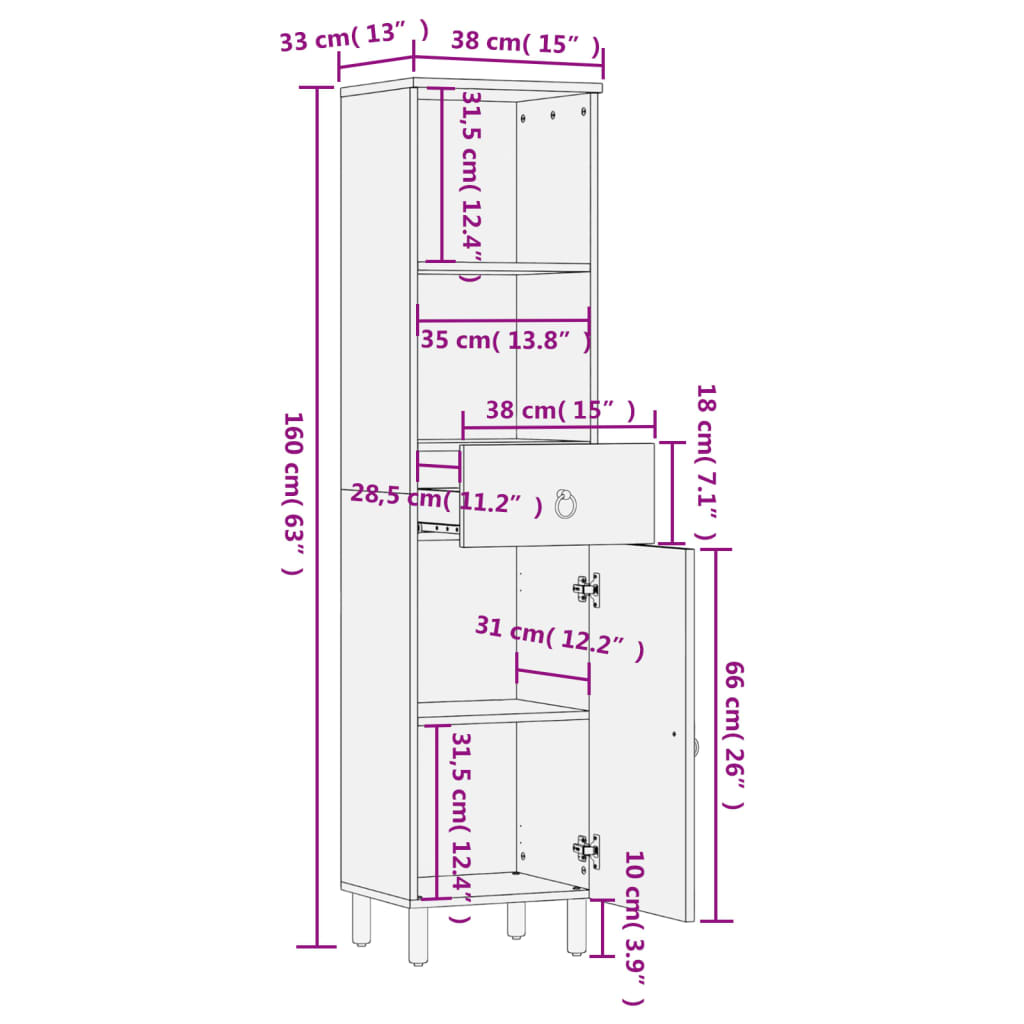 vidaXL Ντουλάπι Μπάνιου 38 x 33 x 160 εκ. από Μασίφ Ξύλο Μάνγκο