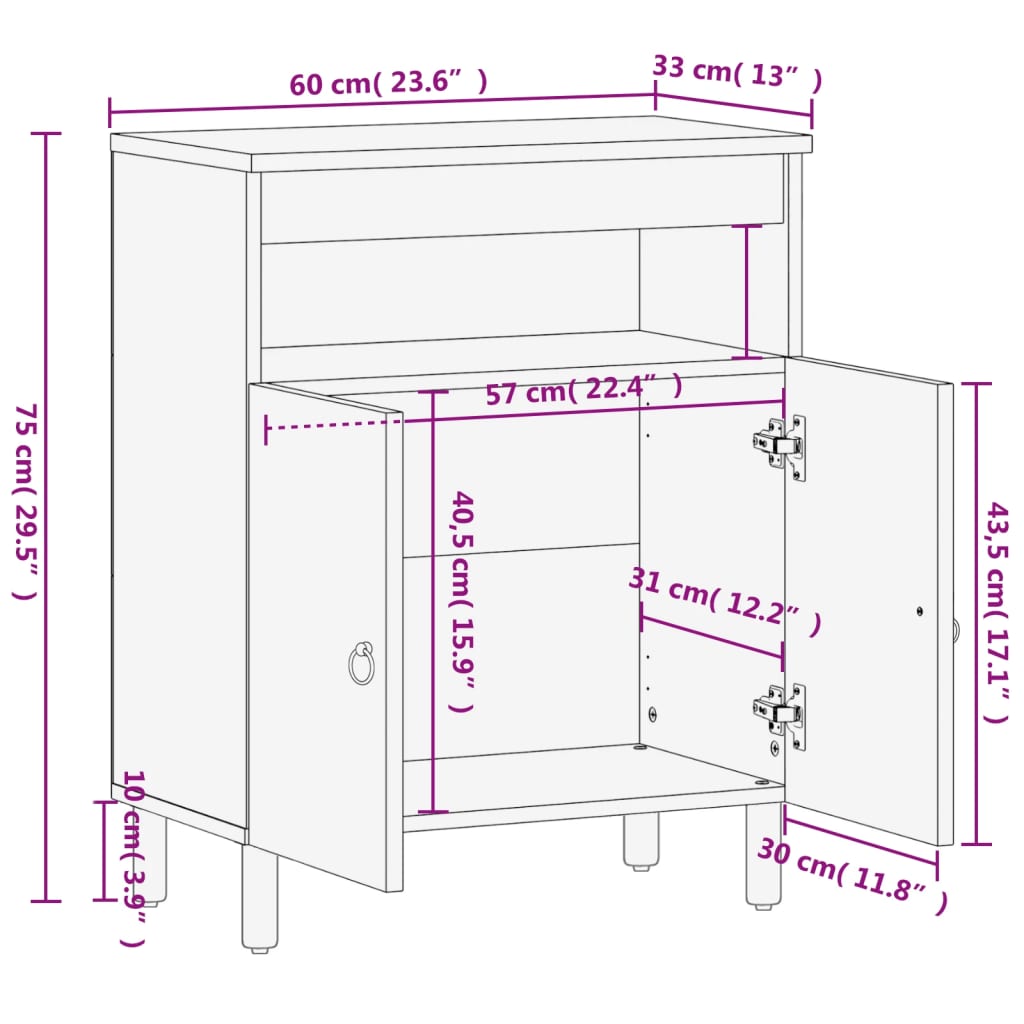 vidaXL Βοηθητικό Ντουλάπι 60 x 33 x 75 εκ. από Μασίφ Ξύλο Μάνγκο