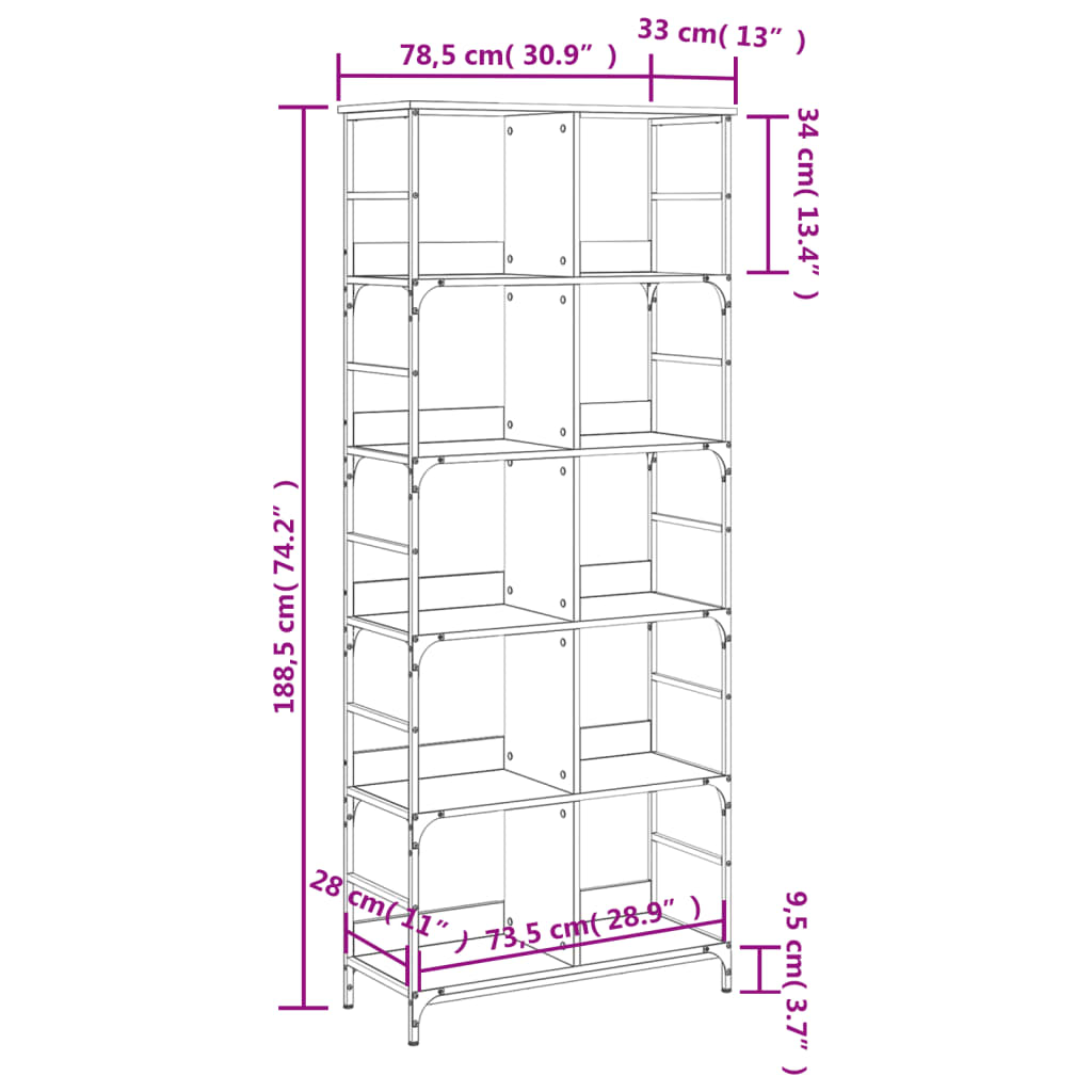vidaXL Βιβλιοθήκη Γκρι Sonoma 78,5x33x188,5 εκ. Επεξεργασμένο Ξύλο