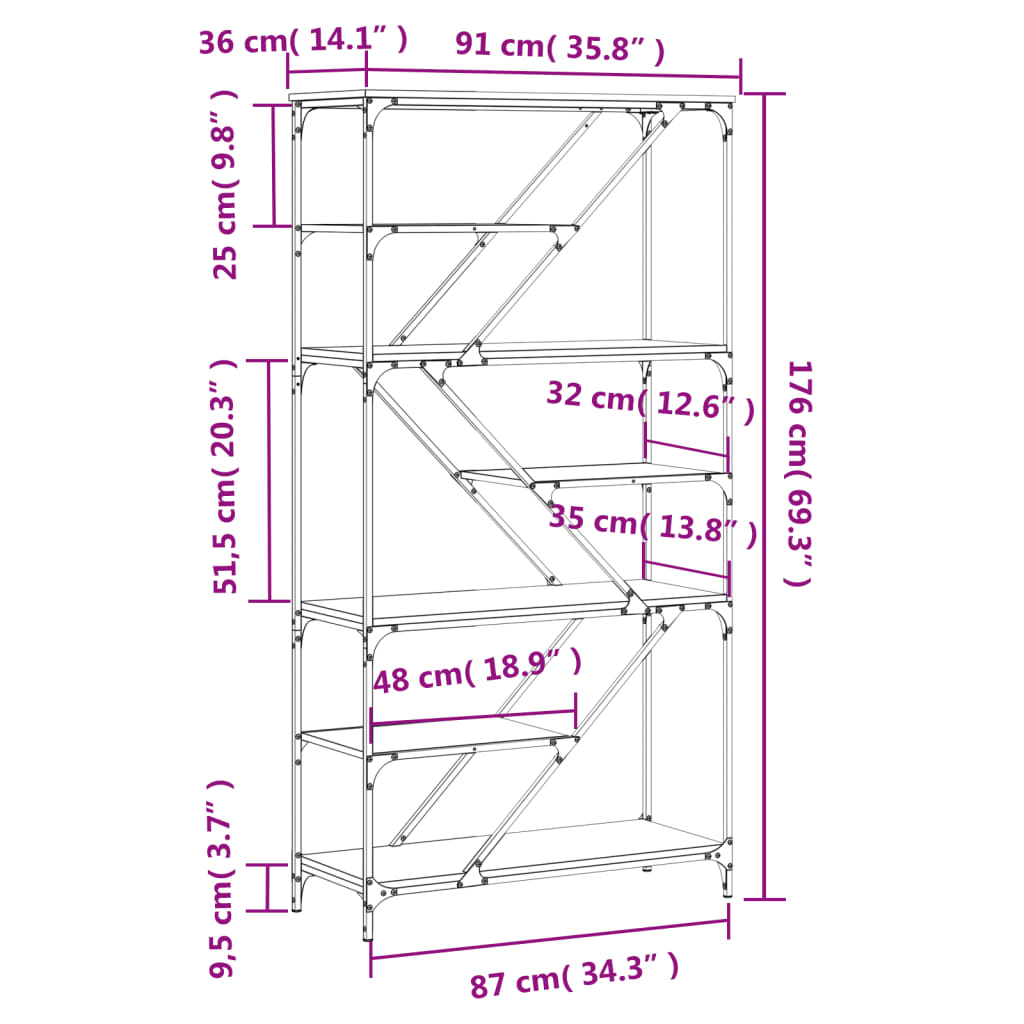 vidaXL Βιβλιοθήκη Sonoma Δρυς 91 x 36 x 176 εκ. Επεξεργ. Ξύλο / Ατσάλι