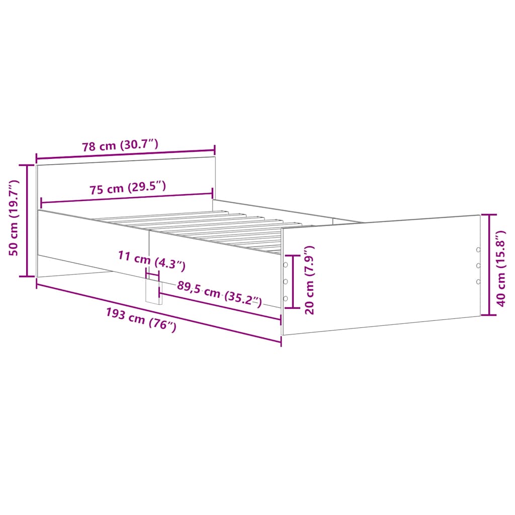 vidaXL Πλαίσιο Κρεβατιού Μαύρο 75 x 190 εκ. Επεξεργ. Ξύλο Small Single