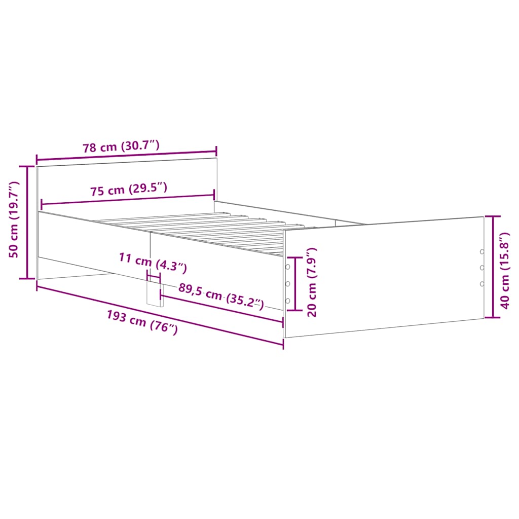 vidaXL Πλαίσιο Κρεβατιού Γκρι Σκυρ. 75x190 εκ. Επεξ. Ξύλο Small Single