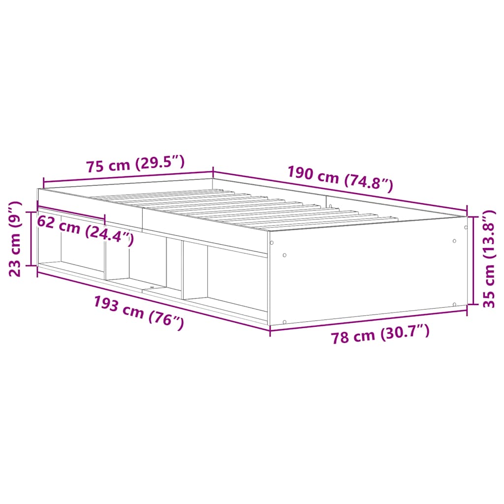 vidaXL Πλαίσιο Κρεβατιού Sonoma Δρυς 75 x 190 εκ. Small Single