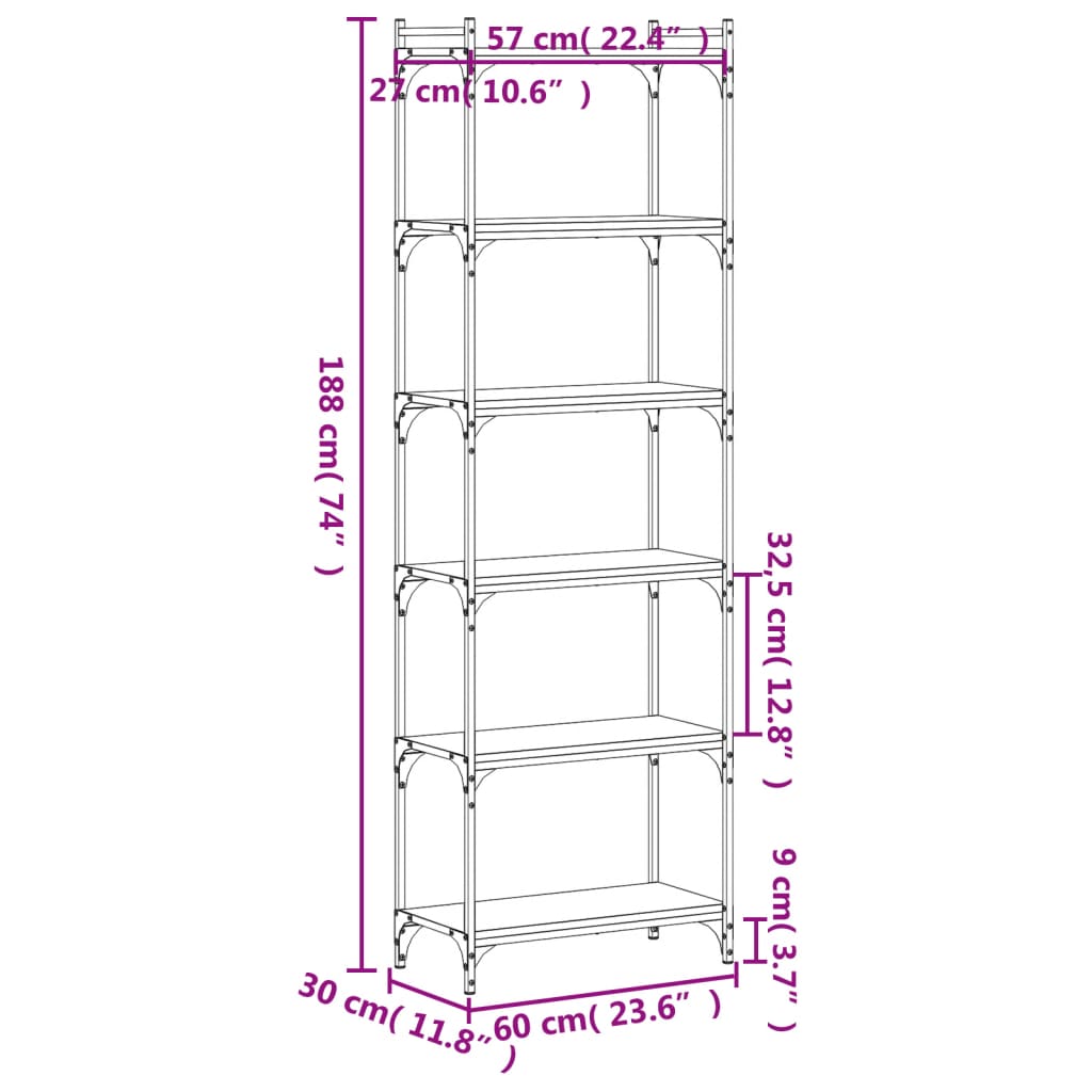 vidaXL Βιβλιοθήκη 6 Επιπέδων Καφέ Δρυς 60 x 30 x 188 εκ. Επεξεργ. Ξύλο
