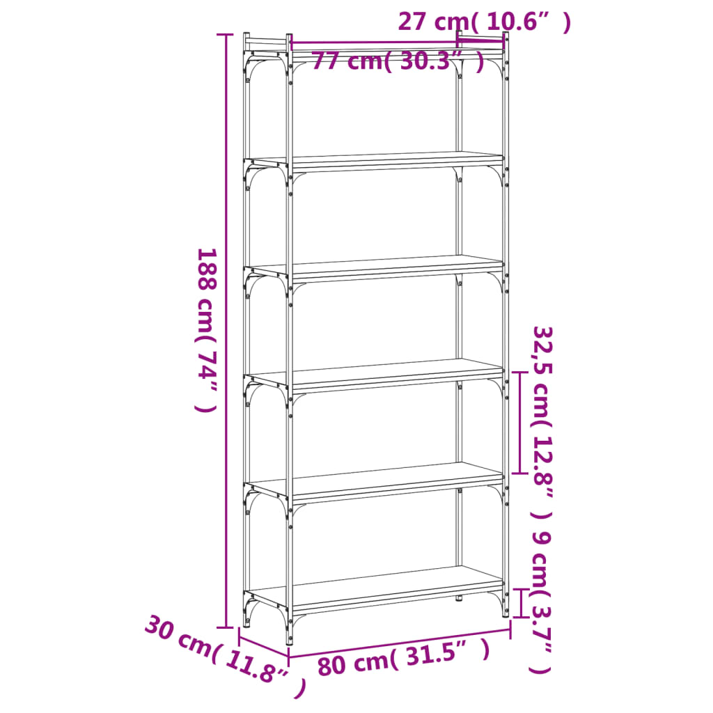 vidaXL Βιβλιοθήκη 6 Επιπέδων Μαύρη 80 x 30 x 188 εκ. από Επεξεργ. Ξύλο