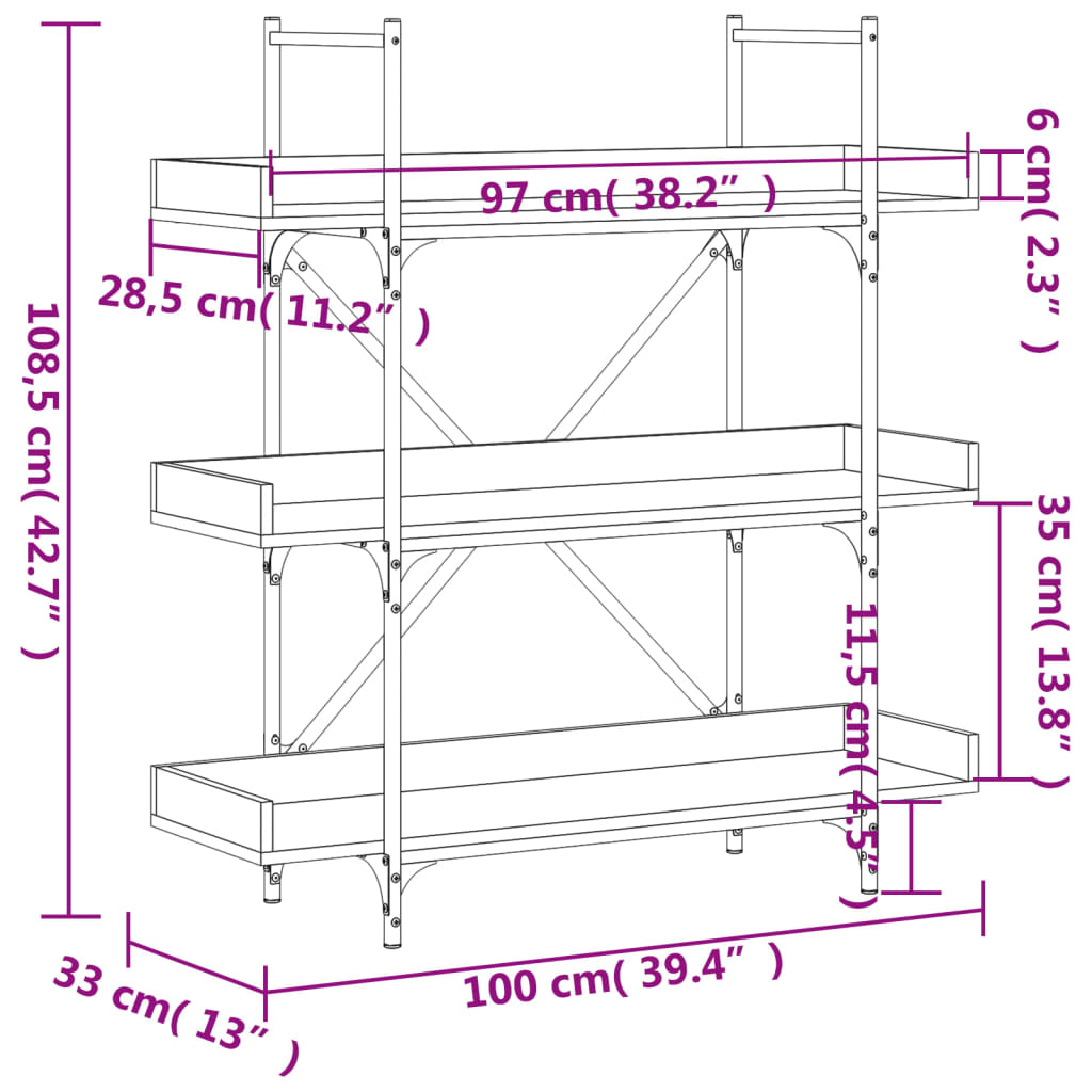 vidaXL Βιβλιοθήκη 3 Επιπέδων Sonoma Δρυς 100x33x108,5εκ. Επεξεργ. Ξύλο