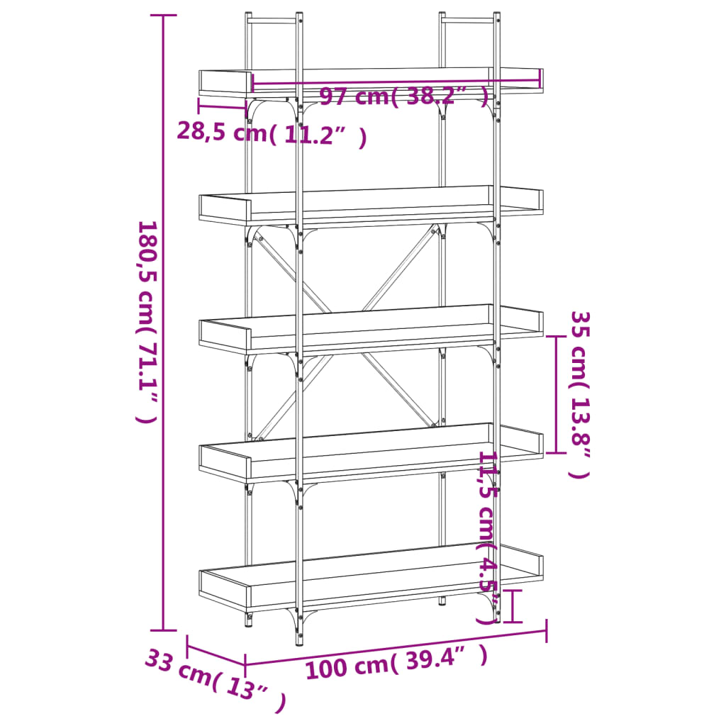 vidaXL Βιβλιοθήκη 5 Επιπέδων Καφέ Δρυς 100x33x180,5 εκ. Επεξεργ. Ξύλο