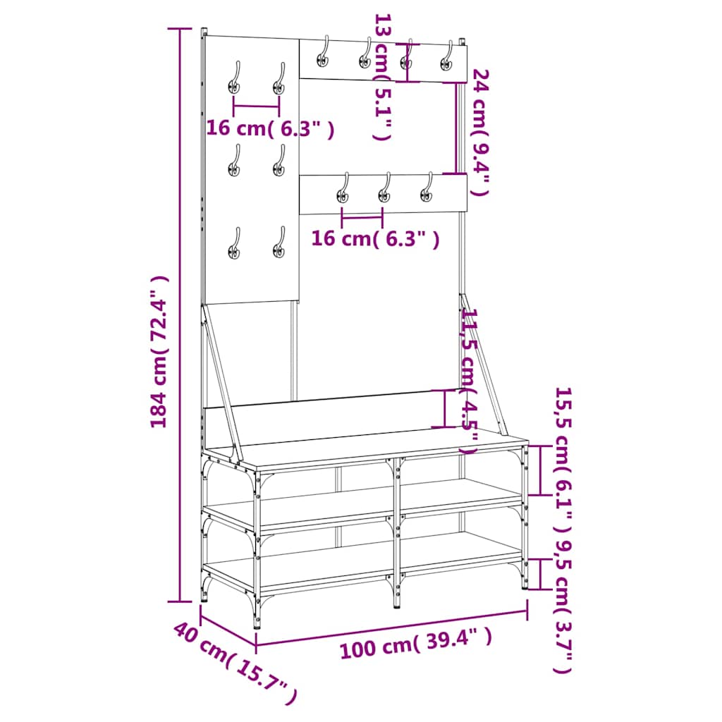 vidaXL Κρεμάστρα Ρούχων με Παπουτσοθήκη Μαύρη 100 x 40 x 184 εκ.
