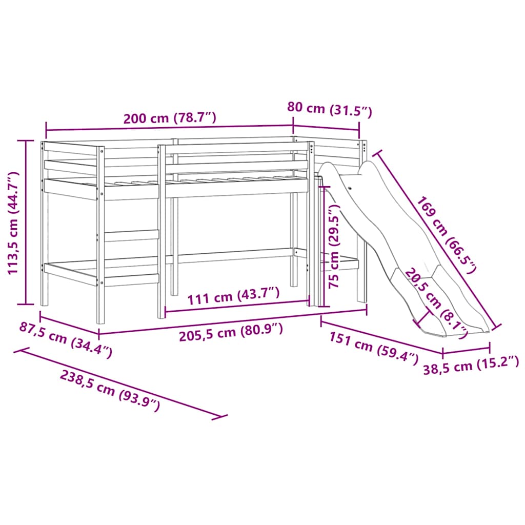 vidaXL Υπερυψ. Κρεβάτι με Τσουλήθρα Μαύρο 80x200εκ. Μασίφ Ξύλο Πεύκου