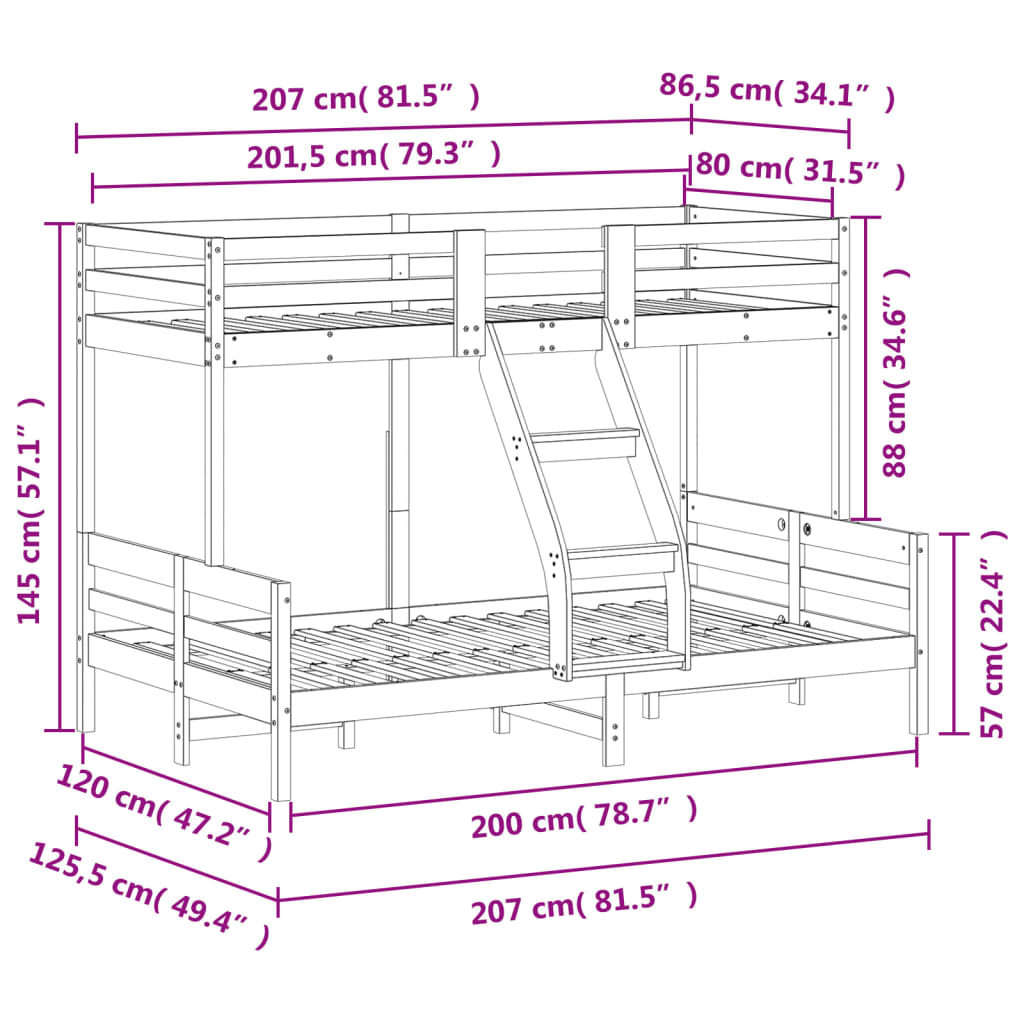 vidaXL Κουκέτα 80x200/120x200 εκ. από Μασίφ Ξύλο Πεύκου